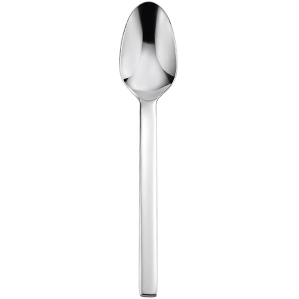 A silver Oneida Noval oval soup/dessert spoon with a white background.