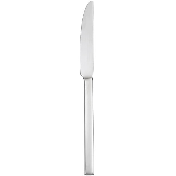 A Oneida Noval stainless steel dinner knife with a silver handle.