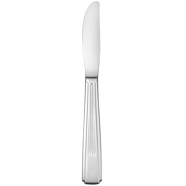 A silver knife with a white rectangular handle.