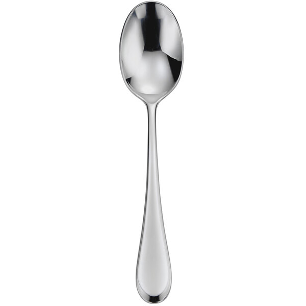 A Oneida Lumos stainless steel oval soup/dessert spoon with a silver handle.