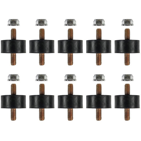 A group of black plastic screws and nuts.