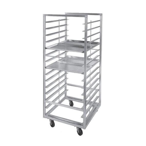A Channel stainless steel sheet pan rack with shelves on wheels.