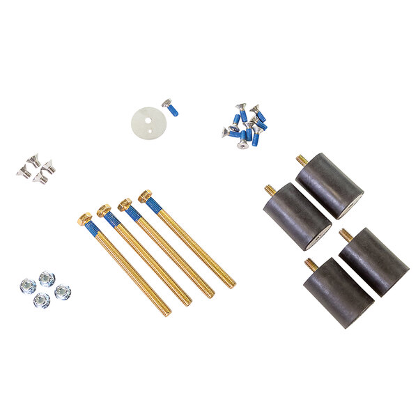 A set of metal parts and screws including a black cylinder with a screw.