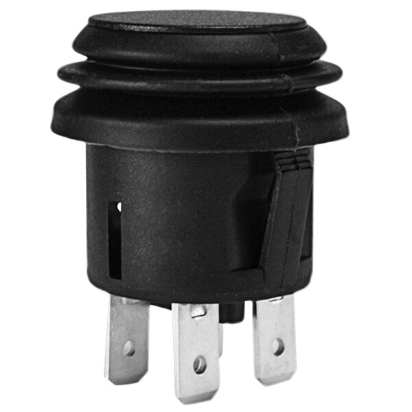 A black and white round electrical switch with metal tips.