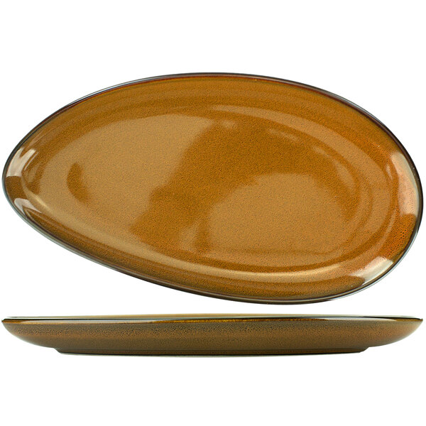 An International Tableware terracotta oval platter with a black rim.
