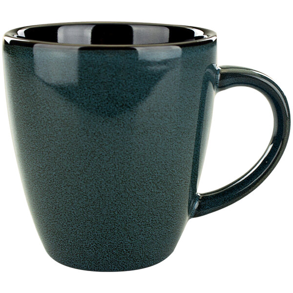 A black porcelain mug with a blue rim.