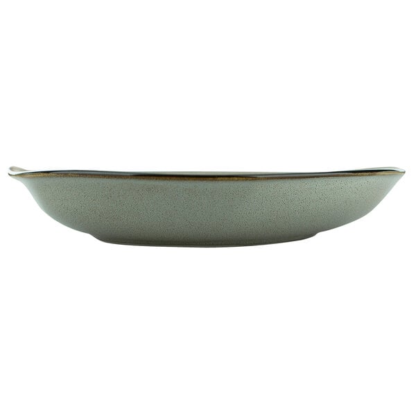 An ash porcelain bowl with a gold rim on the rim.