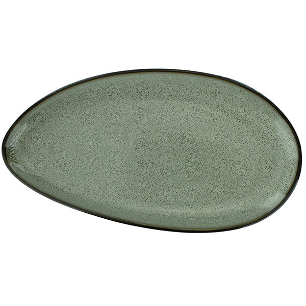 An International Tableware Luna ash oval coupe porcelain platter with a black rim.