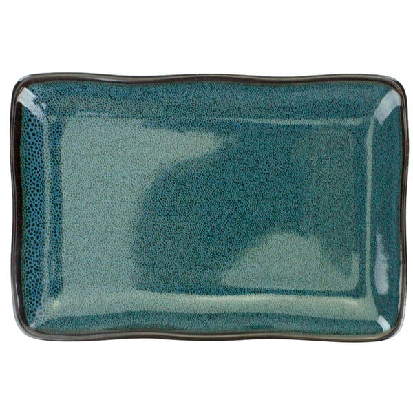 A blue rectangular plate with black speckled edges.
