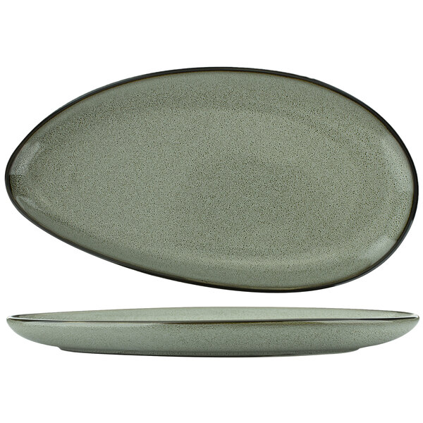 An ash oval coupe porcelain platter with a black rim.