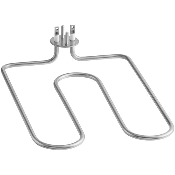 A stainless steel heating element with two holes.