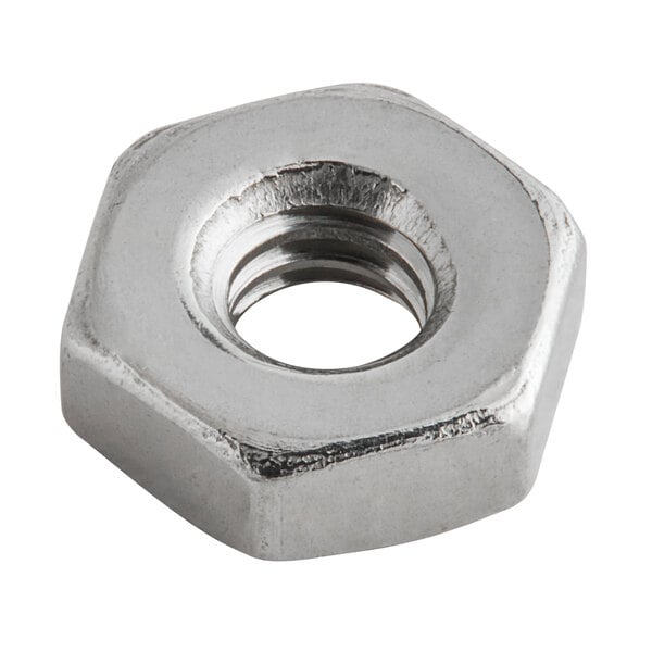A close up of a stainless steel hex nut.