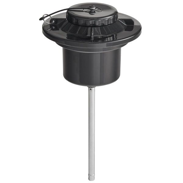A black plastic container with a metal pole and a black lid.