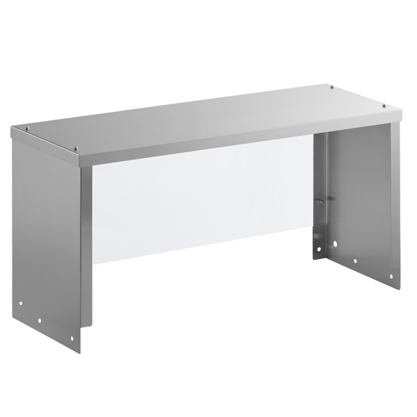 A silver metal table with a clear surface and a metal frame holding a sneeze guard.