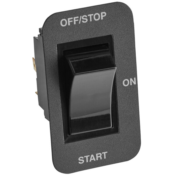 A black Bunn replacement on/off switch with white lettering.