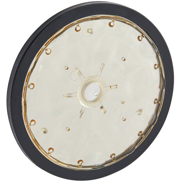 A white circular disc with a black rim and 17 holes.