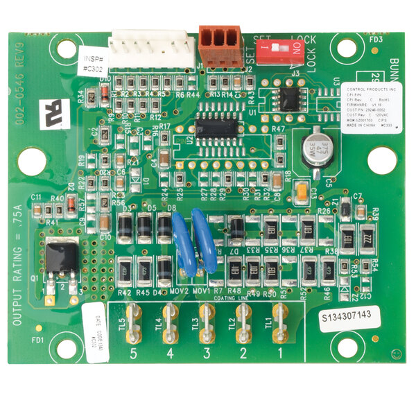 The green Bunn digital timer circuit board with many small components and an orange connector.