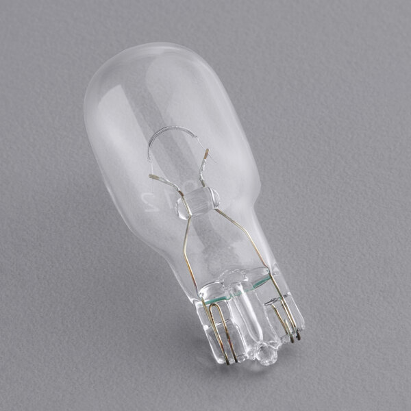 A close-up of a clear Bunn miniature lamp with wire.