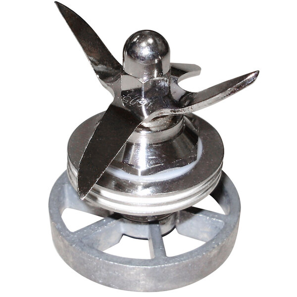A metal blade on a round metal object with a metal stand.