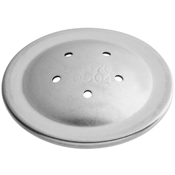 A silver circular stainless steel plate with 5 holes.