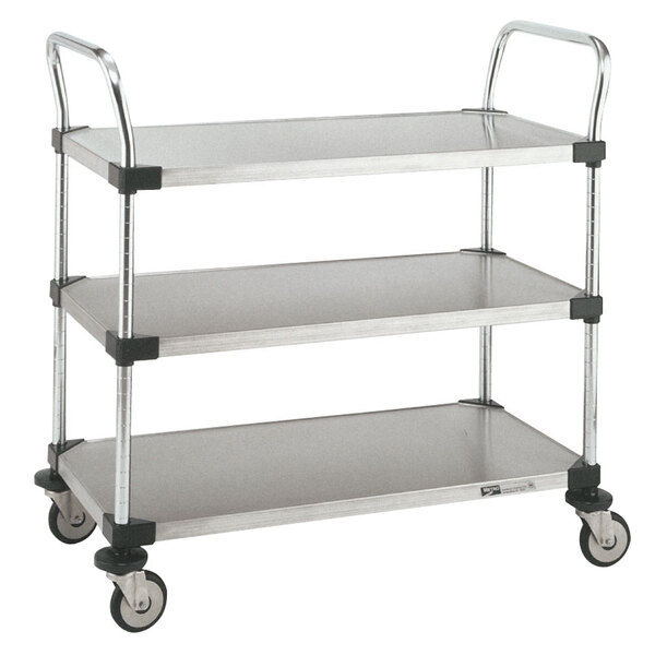 A stainless steel Metro three shelf utility cart with wheels.