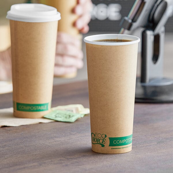 Two EcoChoice Kraft paper hot cups on a table.