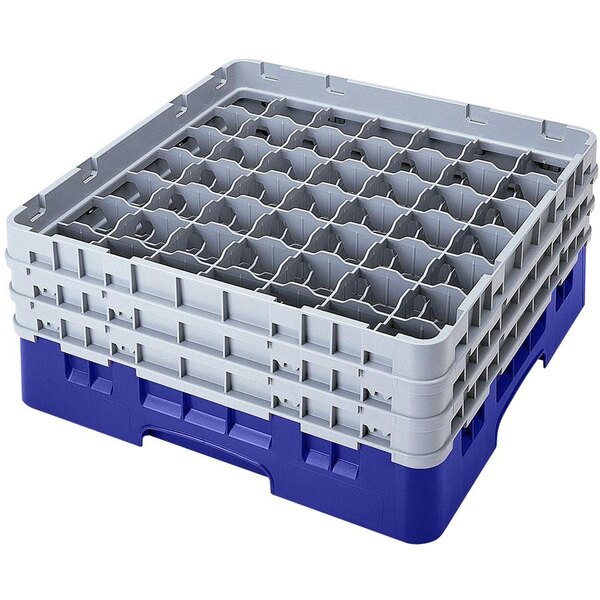 A blue plastic Cambro glass rack with compartments.