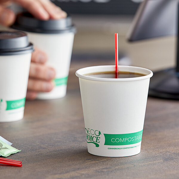 A hand holding an EcoChoice white compostable paper hot cup with a straw.