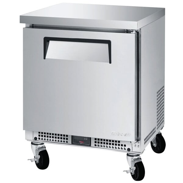 A Turbo Air M3 Series stainless steel undercounter refrigerator with wheels.