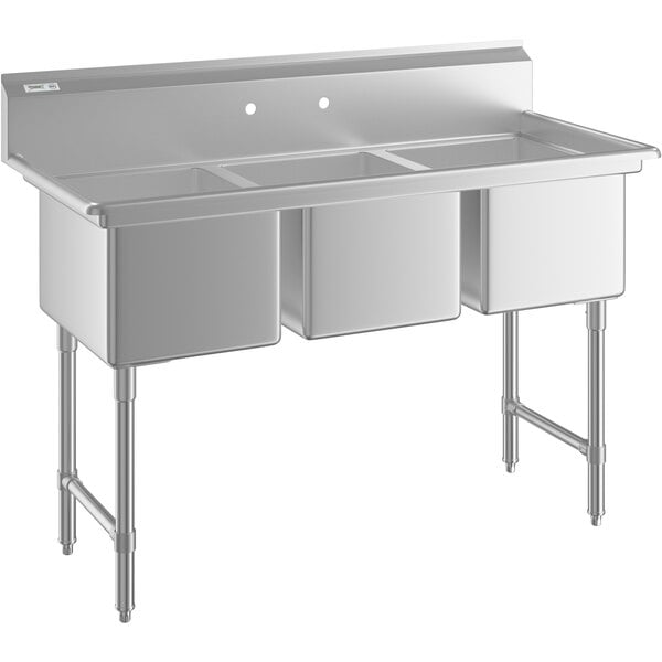 A Regency stainless steel three compartment sink with cross bracing and legs.