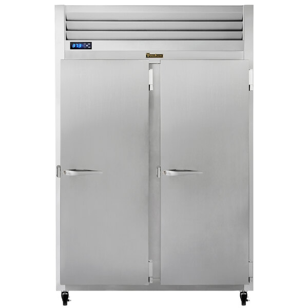 A Traulsen G Series reach-in refrigerator with two right hinged doors, one white and one silver.