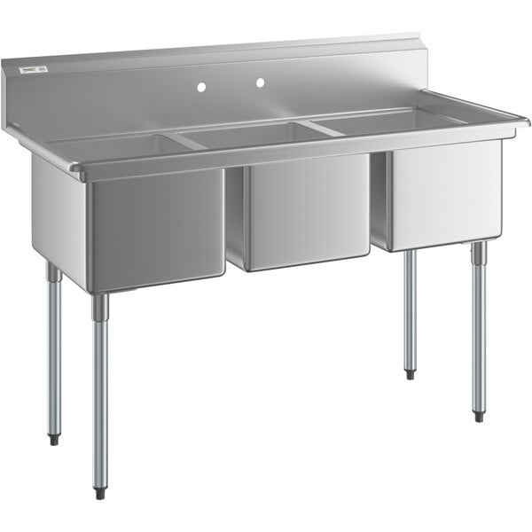 A Regency stainless steel three compartment sink on galvanized steel legs.