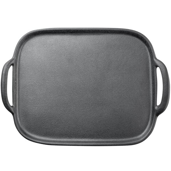 A black rectangular Tablecraft melamine tray with two handles.