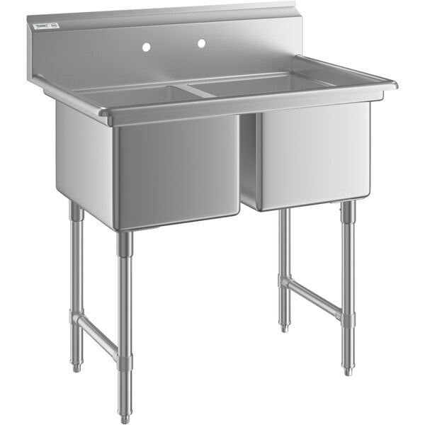 A Regency stainless steel sink with two compartments on stainless steel legs and cross bracing.
