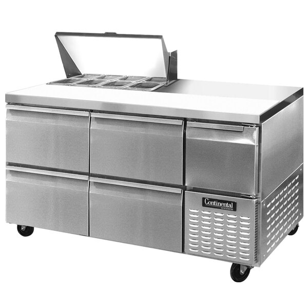 A stainless steel Continental Refrigerator with four drawers.