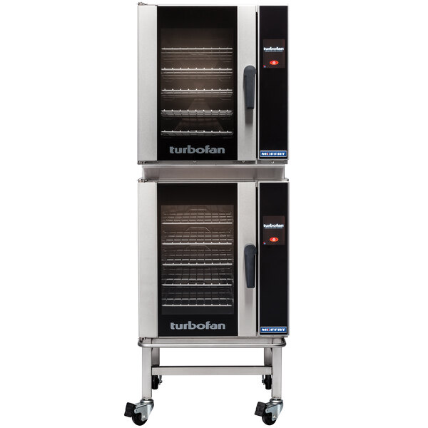 A Moffat double deck convection oven on wheels with racks.