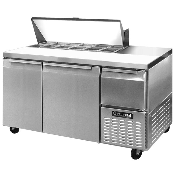 A Continental Refrigerator stainless steel sandwich prep table with two doors on a white surface.