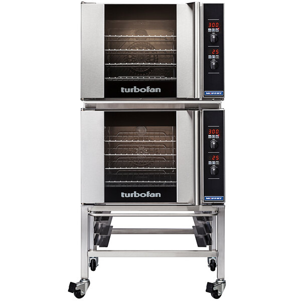 A Moffat Turbofan double deck electric convection oven on casters.