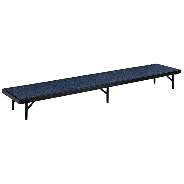 A blue carpeted National Public Seating straight stage riser platform with black legs.