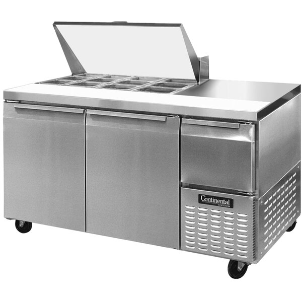 A Continental Refrigerator stainless steel sandwich prep table with two doors and a glass top.