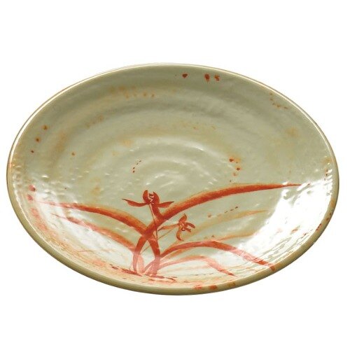 A close-up of a Thunder Group melamine plate with a gold and orange orchid design.