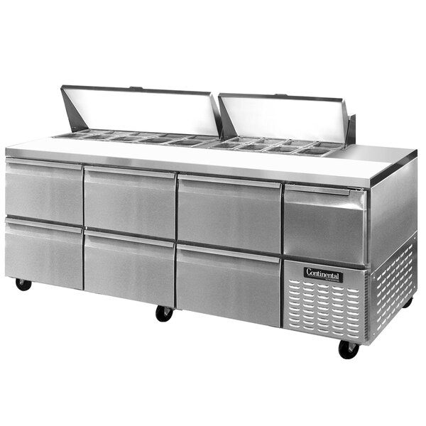 A Continental Refrigerator commercial sandwich prep table with six drawers.
