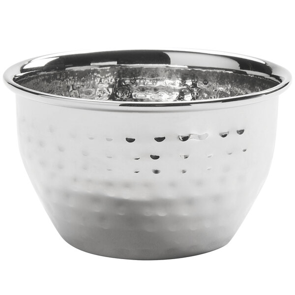 A stainless steel round sauce cup with a hammered finish and a silver rim.