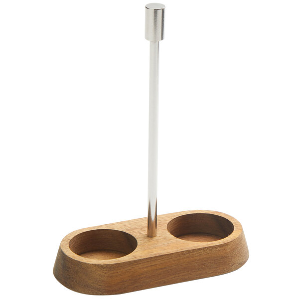An American Metalcraft acacia wood salt and pepper caddy with metal holders.