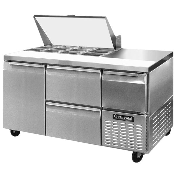 A stainless steel Continental Refrigerator sandwich prep table with 2 drawers and 1 half door.