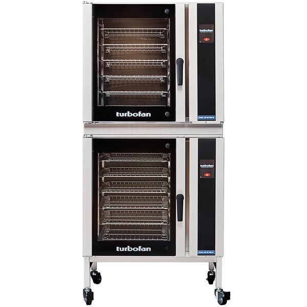 A Moffat double deck electric convection oven on wheels.
