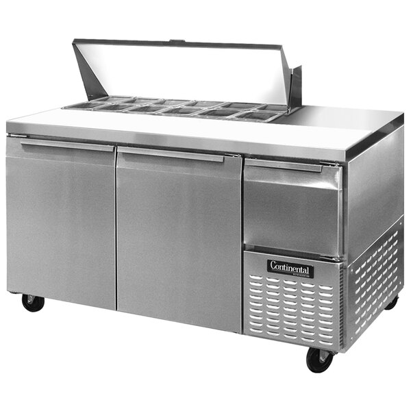 A Continental Refrigerator stainless steel sandwich prep table with two doors and a lid.