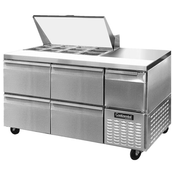A Continental Refrigerator stainless steel food prep table with four drawers.