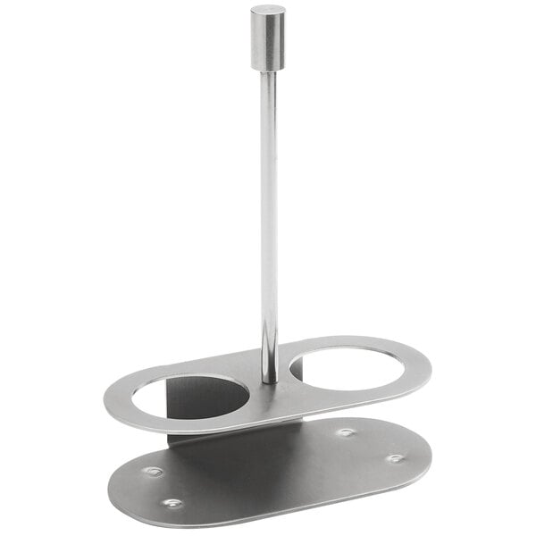 A metal stand with two metal circles for holding salt and pepper shakers.