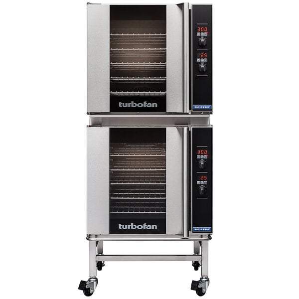 A Moffat Turbofan double deck commercial convection oven with casters.
